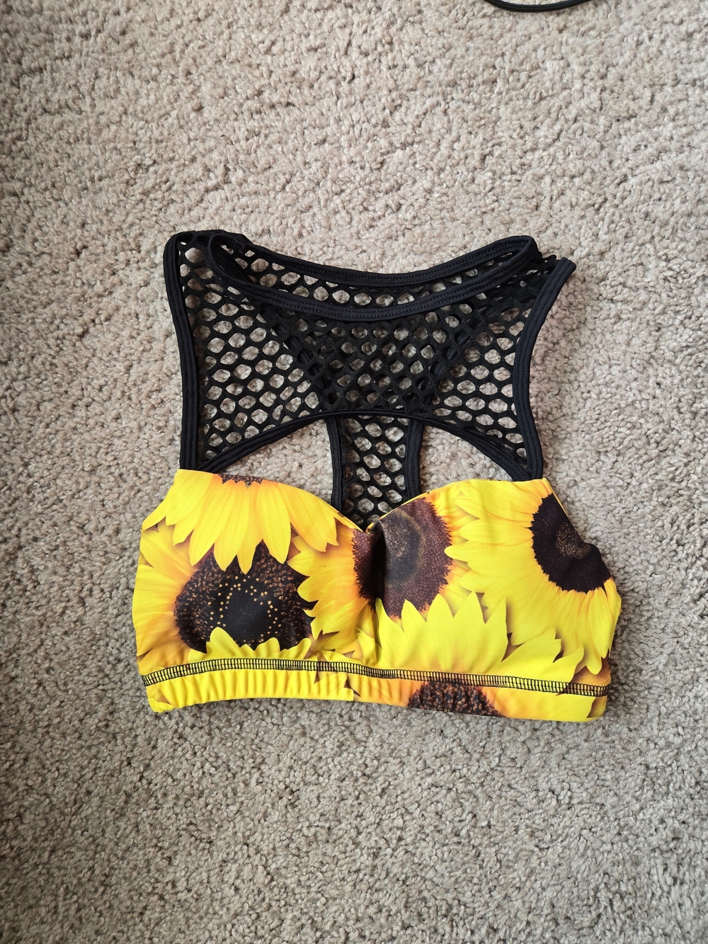 Sunflower Print Sports Bra with Black Mesh Back